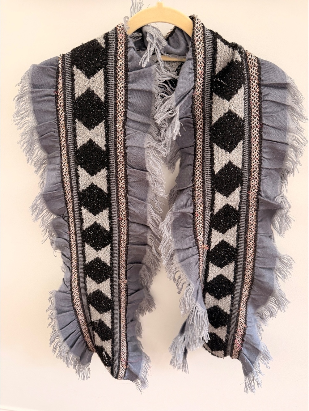 Gray Knit Ruffle Scarf with Black and White Geometric Pattern, 24-Inch Wide